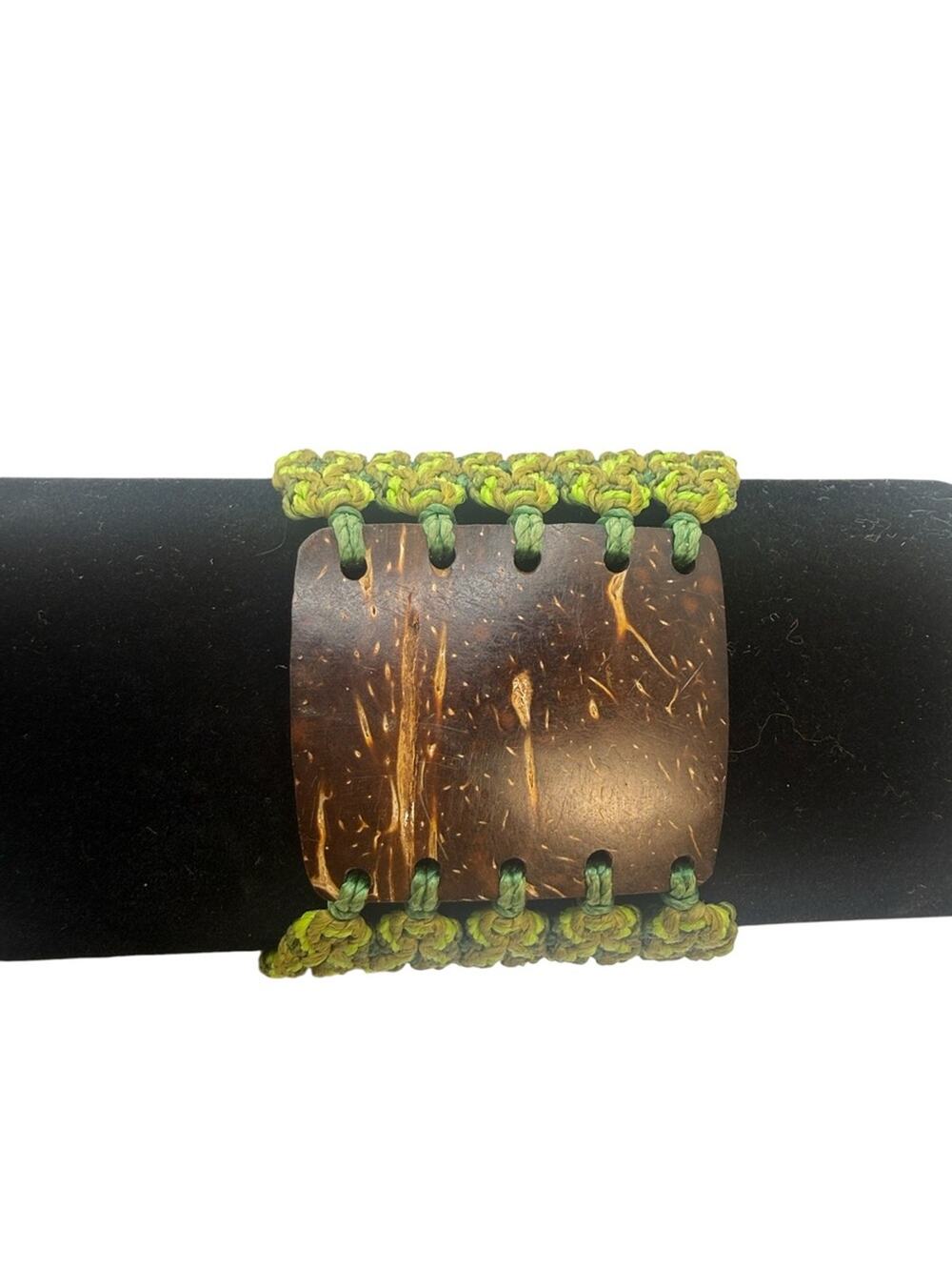 Handmade Coconut Shell Bracelet with Green Braided Cord
